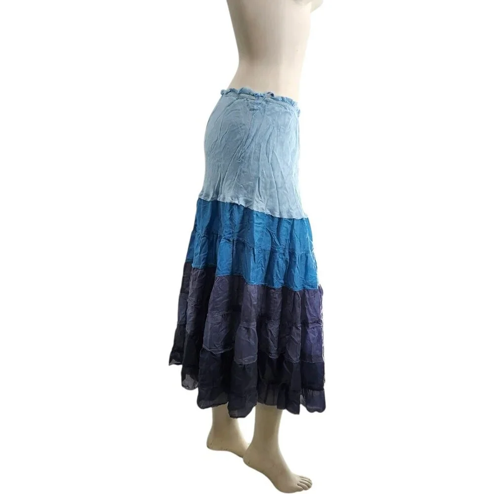 Chan Luu Silk Tiered Midi Peasant Skirt Prairie Cottagecore Fairycore Colorblock